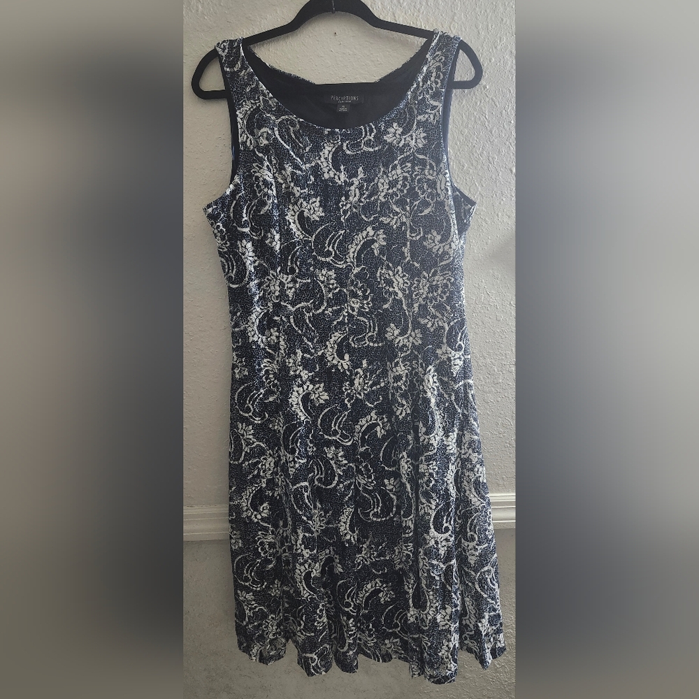 Perceptions Navy and White Patterned Midi Dress